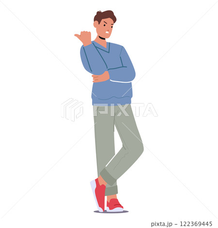 Furious man cartoon character gesturing go away gesture pointing back with thumb standing isolated 122369445
