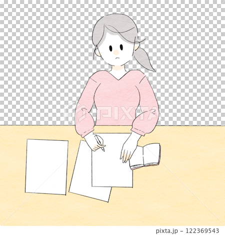 手帳やプリントを見てスケジュール調整する女性 122369543