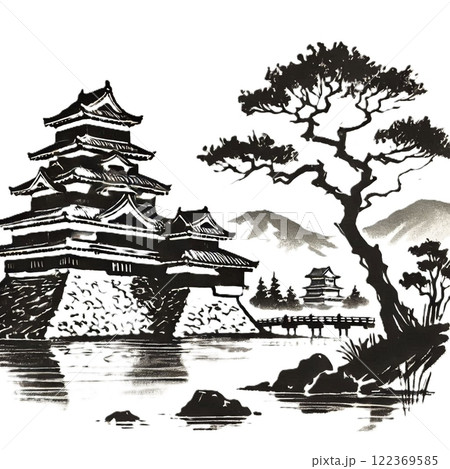 水墨画風のシンプルなお城のイラストのイラスト素材 [122369585] - PIXTA