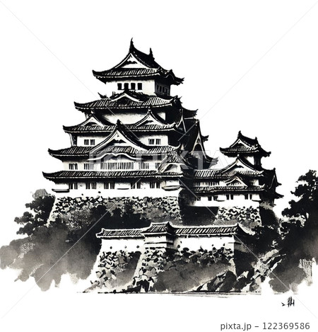水墨画風のシンプルなお城のイラストのイラスト素材 [122369586] - PIXTA