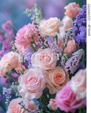 Beautiful bouquet of pastel flowers in soft tones, arranged for a spring celebration, close-up Beautiful bouquet of pastel flowers in soft tones, arranged for a spring celebration, close-up 122369707