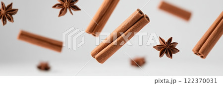 Cinnamon sticks and star anise are floating on a minimalist white background, creating a visually appealing arrangement that suggests warmth, spice, and aromatic flavors Cinnamon sticks and star anise are floating on a minimalist white background, creating a visually appealing arrangement that suggests warmth, spice, and aromatic flavors 122370031