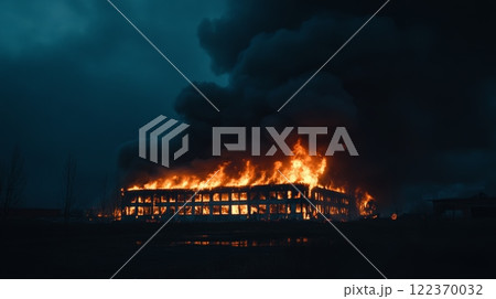 Intense flames engulfing a large building at night, creating a dramatic scene filled with bright orange fire and thick black smoke swirling into the dark sky 122370032