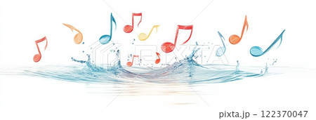 Colorful music notes are splashing and creating waves in refreshing, crystal clear water, representing the dynamic and fluid nature of music and sound Colorful music notes are splashing and creating waves in refreshing, crystal clear water, representing the dynamic and fluid nature of music and sound 122370047