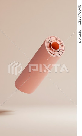 Rolled up pink yoga mat floating against a beige background, creating a surreal and minimalist wellness concept with a focus on levitation and balance Rolled up pink yoga mat floating against a beige background, creating a surreal and minimalist wellness concept with a focus on levitation and balance 122370049