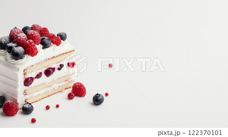 Slice of delicious sponge cake with whipped cream, blueberries, raspberries and cherries is levitating on a white background with copy space Slice of delicious sponge cake with whipped cream, blueberries, raspberries and cherries is levitating on a white background with copy space 122370101