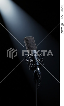 Studio microphone standing on a stage illuminated by a spotlight beam, creating a dramatic atmosphere perfect for recording music or voiceovers 122370200