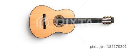 Classical guitar lying on a white background, creating a minimalist and elegant composition, ideal for music related projects, representing the beauty and simplicity of this timeless instrument 122370201
