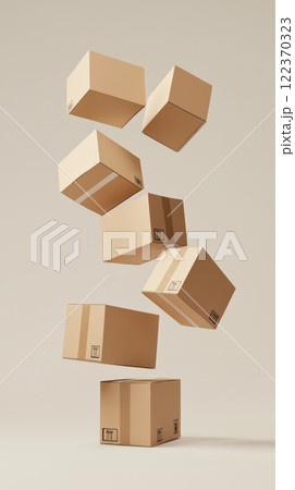 Seven identical cardboard boxes are levitating in the air, defying gravity, with one box resting on a simple surface, creating a surreal and intriguing scene 122370323