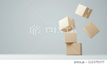Four cardboard boxes floating and levitating in an empty room with a gray background and a white floor, creating a surreal and intriguing scene related to shipping, delivery, and logistics 122370377