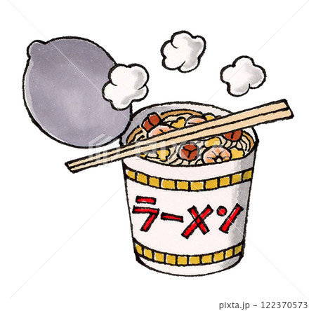 蓋が開いたカップラーメンと割り箸 122370573
