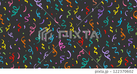 Birthday confetti seamless pattern background. Birthday decoration confetti, ribbon element, cute seamless pattern. Fun childish color abstract decoration element background. Vector 122370602