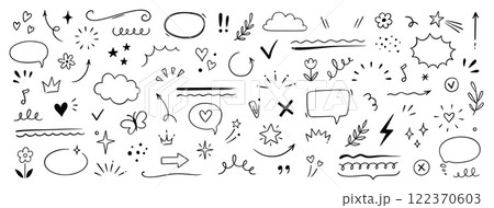 Cute line sketch star, arrow, cloud decoration element icon set. Hand drawn sketch doodle cute star, heart, flower element. Line text decoration scribble shape icon. Hand drawn Vector 122370603