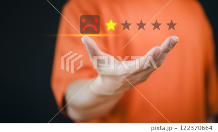 Notification concept of customer dissatisfaction manifest through virtual interaction, accompanied by negative reviews, dissatisfaction with service and quality. Business customer services feedback. Notification concept of customer dissatisfaction manifest through virtual interaction, accompanied by negative reviews, dissatisfaction with service and quality. Business customer services feedback. 122370664