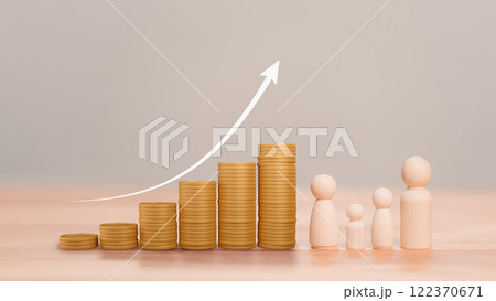 Stacks of gold coins, symbolizing financial growth and wealth, with a arrow pointing upward. Wooden human figures stand beside the coins, representing family and generational wealth development. Stacks of gold coins, symbolizing financial growth and wealth, with a arrow pointing upward. Wooden human figures stand beside the coins, representing family and generational wealth development. 122370671