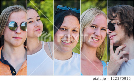 Group of five diverse high school or university students come together for a cheerful photo collage, capturing their vibrant spirit and unity 122370916