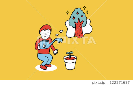 小さな鉢植えが大木に育つようイメージして水やりする男性　未来を楽しみにしているイメージイラスト 122371657