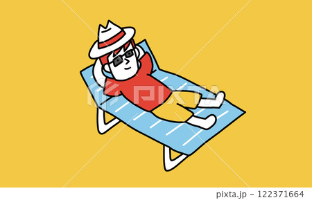 リゾート地でビーチベッドに横たわり日差しを楽しむ男性のイメージイラスト リゾート地でビーチベッドに横たわり日差しを楽しむ男性のイメージイラスト 122371664