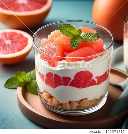 美味しそうなグレープフルーツとバニラのヨーグルトパフェ 122371815