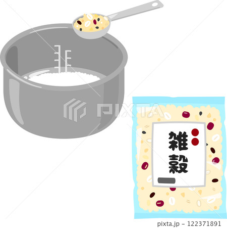 米が入った炊飯釜に入れられる雑穀ミックス 122371891