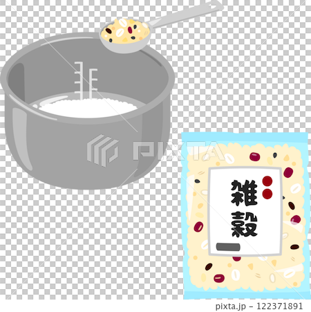 米が入った炊飯釜に入れられる雑穀ミックス 122371891