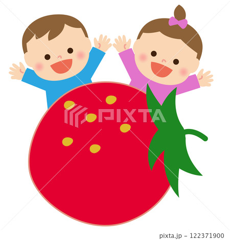 いちごと笑顔のこどもたち：イラスト素材 122371900