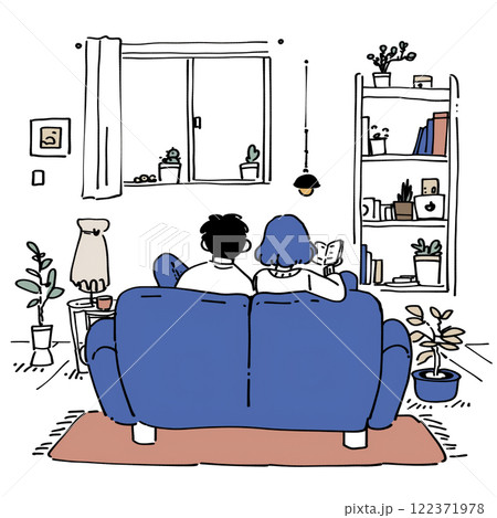 リビングでゆったりくつろぐ2人のイラスト 122371978