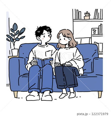 リビングでゆったりくつろぐ2人のイラスト リビングでゆったりくつろぐ2人のイラスト 122371979