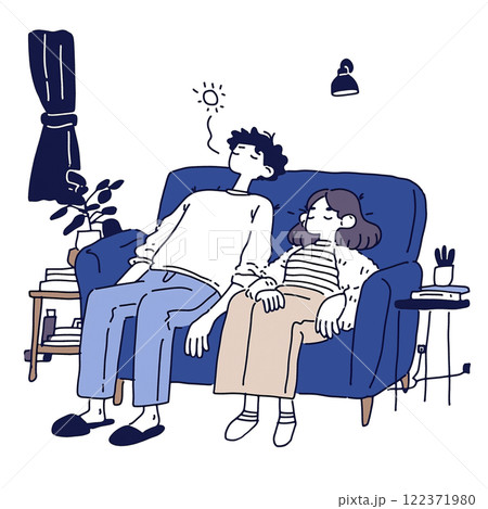 リビングでゆったりくつろぐ2人のイラスト 122371980