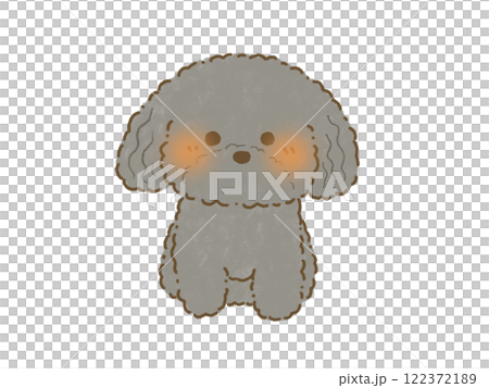 正面を向いてお座りをする黒色のトイプードルのイラスト　手描き 122372189