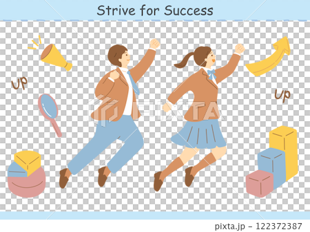 Male and female students flying towards the goal Male and female students flying towards the goal 122372387