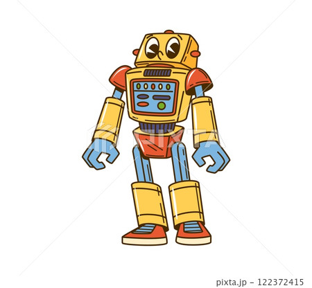 Cartoon groovy retro robot character or transformer droid with funny face, vector personage. Groovy retro robot with robotic arms, display with buttons for cute cyborg bot or cyber android character Cartoon groovy retro robot character or transformer droid with funny face, vector personage. Groovy retro robot with robotic arms, display with buttons for cute cyborg bot or cyber android character 122372415