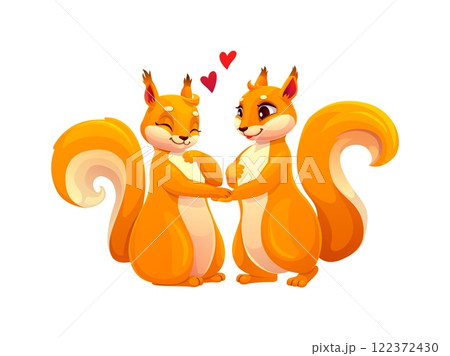 Squirrels couple with love hearts, funny cartoon characters of wild animals, vector personages. Two squirrels in love or friends holding by paws and looking with love for wedding or Valentine day 122372430