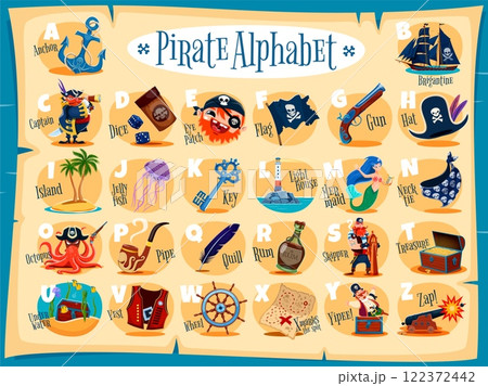 Pirate kid alphabet featuring piracy symbols for each letter. Cartoon abc characters for kids education with treasure chest, ship and octopus, anchor and mermaid, captain, dice and flag with quill pen 122372442
