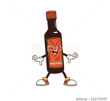 Cartoon groovy Teriyaki sauce bottle character with funny face, vector comic. Groovy funky Teriyaki sauce bottle cartoon character with happy laughing smile for Japanese cuisine or Asian noodles Cartoon groovy Teriyaki sauce bottle character with funny face, vector comic. Groovy funky Teriyaki sauce bottle cartoon character with happy laughing smile for Japanese cuisine or Asian noodles 122372447