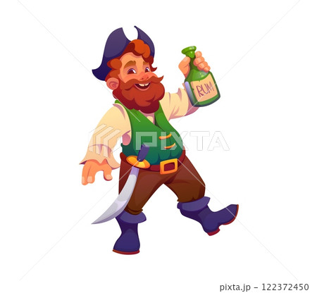 Cartoon pirate captain or corsair sailor drunk with rum bottle, vector character. Old pirate sailor with red beard in tricorne hat with sword drinking rum, Caribbean corsair or boatswain character 122372450