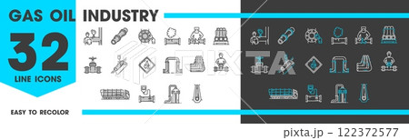 Gas oil industry line icons of fuel tank truck, pipeline, gauges and valves. Vector energy and chemical industry outline symbols of oil and gas extraction, refinery, transportation, storage and supply Gas oil industry line icons of fuel tank truck, pipeline, gauges and valves. Vector energy and chemical industry outline symbols of oil and gas extraction, refinery, transportation, storage and supply 122372577