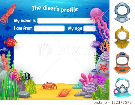 Kids diver profile form for diving school member with cartoon underwater vector template. Kids scuba diving or snorkeling diver profile card with personal information details and underwater fishes 122372579