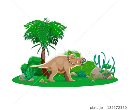 Cartoon Centrosaurus dinosaur funny character. Paleontology reptile, Jurassic era dinosaur or extinct lizard isolated vector cute personage. Prehistoric Centrosaurus character in tropical forest 122372580