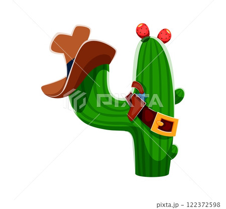 Cartoon number four as a cactus dressed with a cowboy hat and belt. Isolated vector 4 symbol font, wild west typeface, western type, sheriff alphabet for kids mathematics learning and fun games Cartoon number four as a cactus dressed with a cowboy hat and belt. Isolated vector 4 symbol font, wild west typeface, western type, sheriff alphabet for kids mathematics learning and fun games 122372598