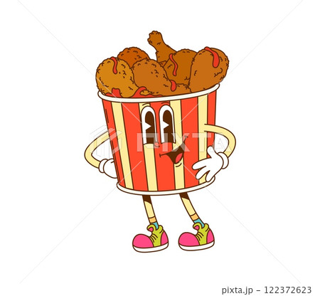 Groovy hippie chicken legs bucket character or funny fast food, vector retro cartoon. Groovy fried chicken legs in basket box with happy smile and funky face for hippie or hipster fast food character 122372623