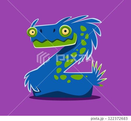 Halloween font letter Z cute monster character. Silly alien beast typeset symbol, spooky fantasy creature vector ABC font element or bizarre Halloween hairy snake monster English alphabet letter 122372683