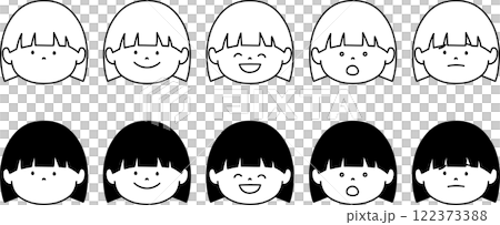 Set of monochrome illustrations of bob-haired girls' faces 122373388