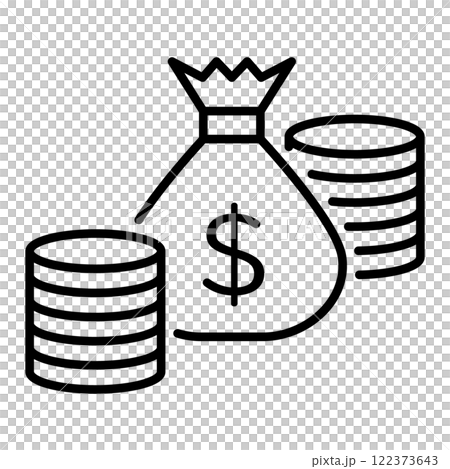 ドルのお金が入った袋と積まれたコインのイラスト ドルのお金が入った袋と積まれたコインのイラスト 122373643