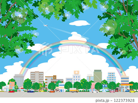 新緑の街並みイラスト. 122373928