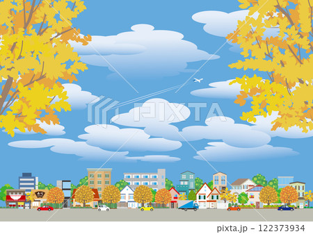秋の紅葉の街並みイラスト. 秋の紅葉の街並みイラスト. 122373934