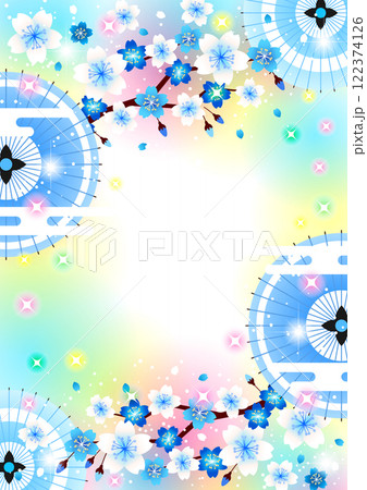 枝付き桜と和傘の虹色背景、イラスト、青、縦、和風、かわいい 122374126