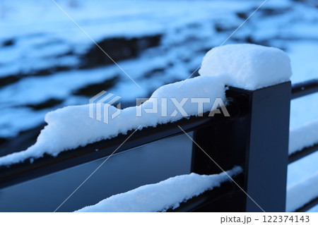 A Beautiful SnowCovered Railing Surrounded by a Picturesque Winter Landscape Scene A Beautiful SnowCovered Railing Surrounded by a Picturesque Winter Landscape Scene 122374143