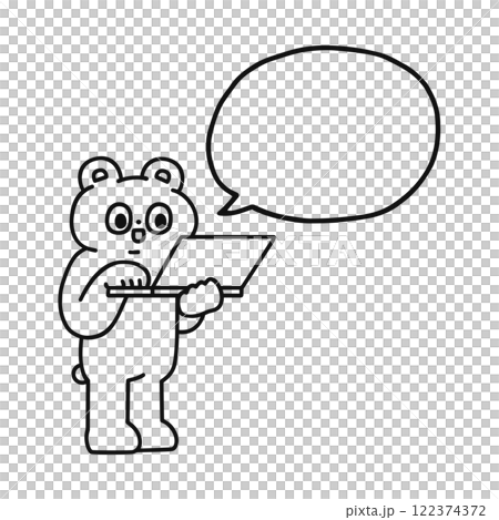 パソコンを操作するゆかいなクマと吹き出し　線画 122374372
