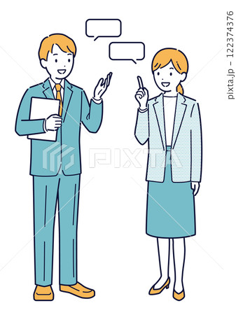 笑顔で会話するビジネスパーソンのイラスト＿全身 122374376